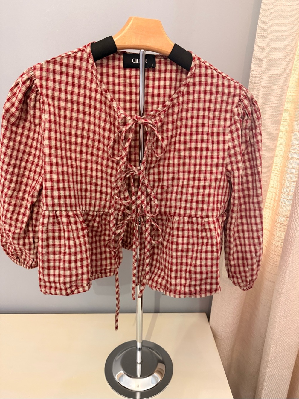 Cider Red Gingham Tie-Front Peplum Top